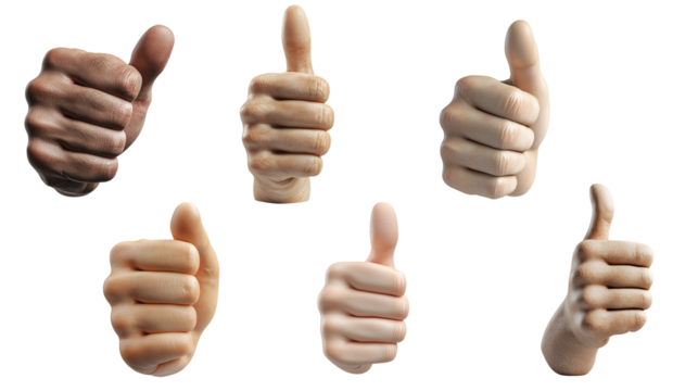 Diverse hands giving thumbs up isolated on white background, representing approval, agreement, and positivity.