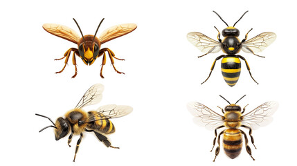 Detailed vector illustrations of four different bee species in various poses, showcasing their unique characteristics and colors.