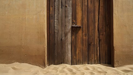 Wooden door and sand on the beach, close-up.