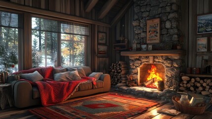 Cozy living room with a warm fire