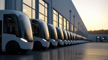 A fleet of autonomous delivery vehicles lined up by a modern warehouse at dusk, representing innovation and future of logistics.