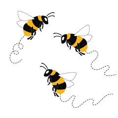 Cartoon bee mascot. A small bees flies. Wasp collection. Vector characters. Incest icon. Template design for invitation, cards. Doodle style