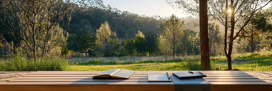 Tranquil outdoor study space with a wooden bench open notebook and lush trees in the background
