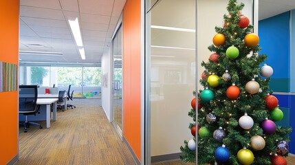 Modern Office Space with Festive Christmas Tree