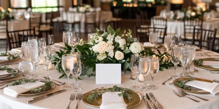 An elegantly set dining table with a floral centerpiece, glassware, and a blank place card, creating a sophisticated and inviting ambiance.