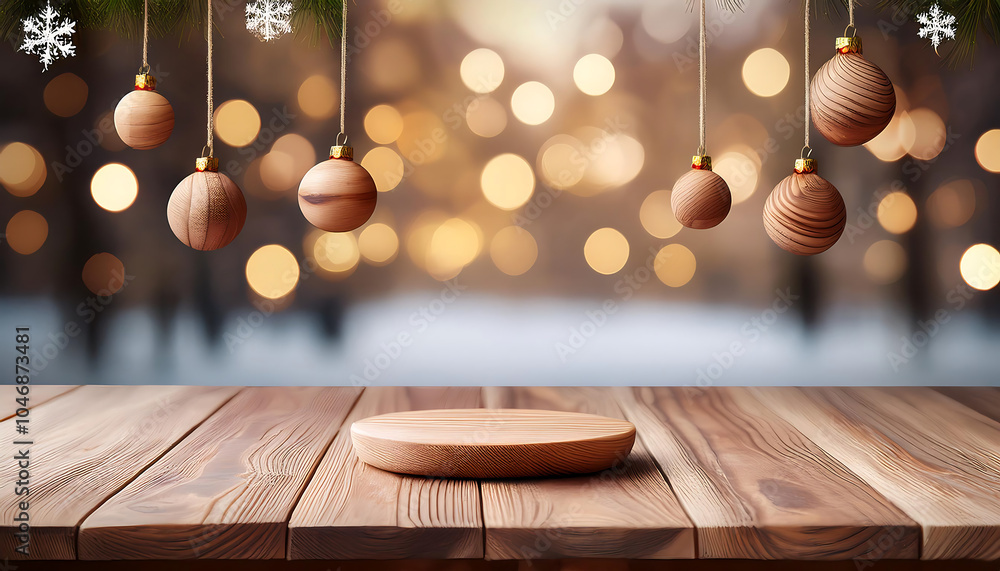 Poster empty wooden ornaments on a christmas bokeh background create a serene winter scene._1(325)