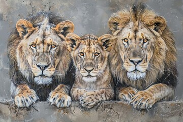 idea for a painting-Majestic lion family in grayscale, symbolizing unity and strength.