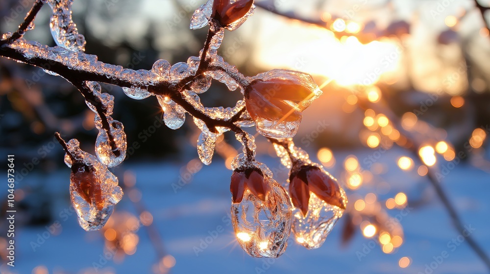 Aufkleber A wintery close-up of delicate tree branches covered in a layer of frost, with soft light 