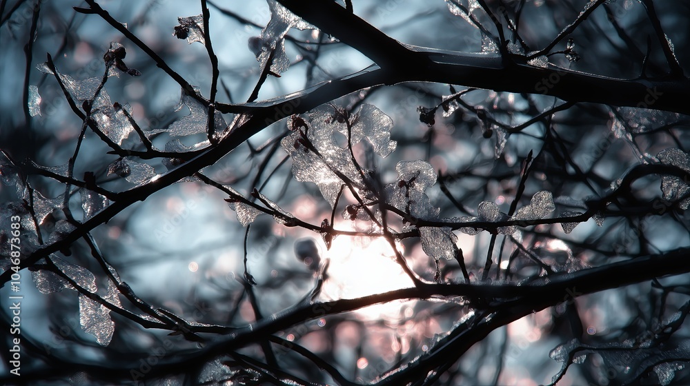 Poster A wintery close-up of delicate tree branches covered in a layer of frost, with soft light 
