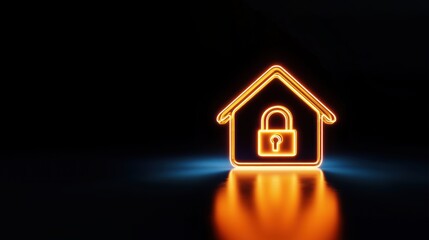 3D glowing neon house with padlock icon on dark background, symbolizing digital security for real estate, secure assets, technology, dent management