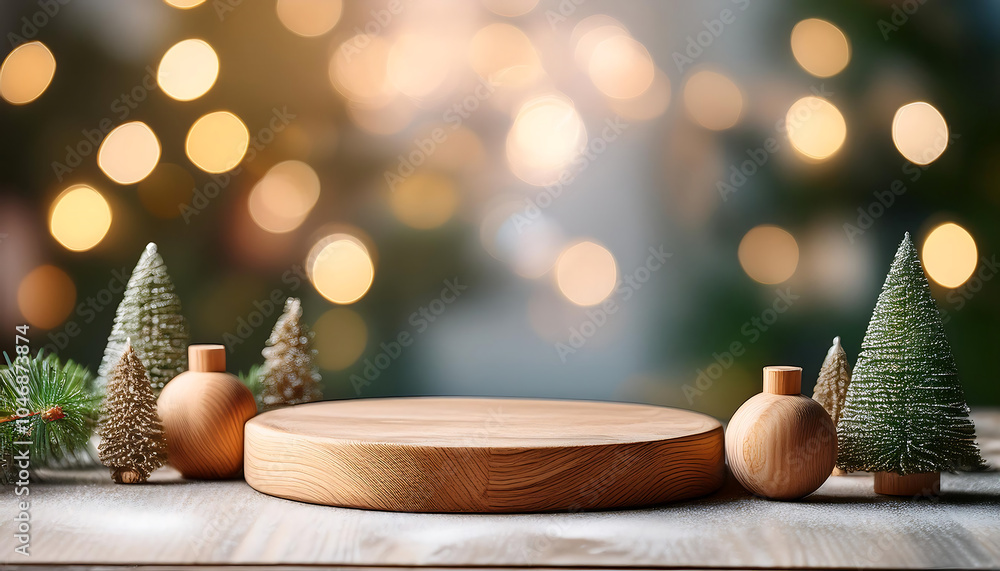 Poster empty wooden ornaments on a christmas bokeh background create a serene winter scene. _1(326)