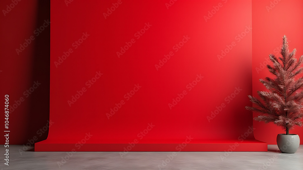 Poster empty red background stands on a shelf with a studio backdrop made of cement displaying realistic 3d