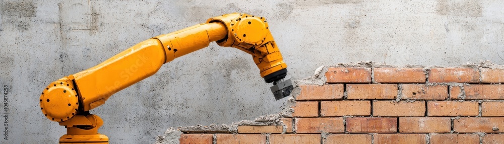 Poster a robotic arm operates on a brick wall, showcasing automation in construction and technology integra