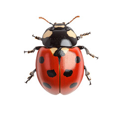 Close-up of a vibrant ladybug with red wings and black spots on a white background, highlighting its detailed features and colorful pattern.