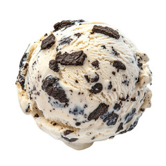 Close-up image of a scoop of cookies and cream ice cream with chunks of chocolate cookies on top, isolated on a white background.