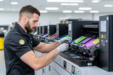 Obraz premium an industrial printer maintenance, technician replacing color ribbons