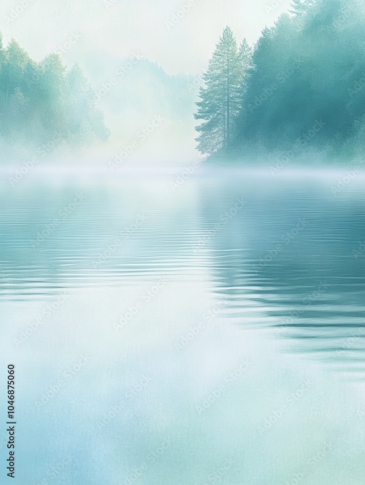 Poster morning mist blankets a calm lake, creating a serene atmosphere as tree silhouettes emerge from the 