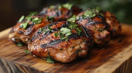 Grilled Chicken Thighs with Fresh Herbs on Wooden Board