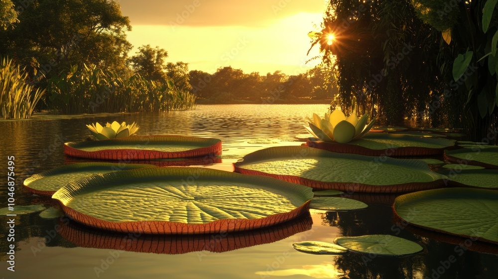 Poster a serene scene of a pond with a sunset in the background