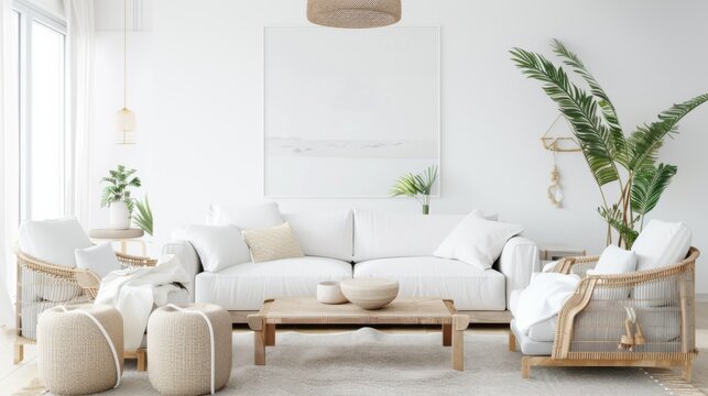 A coastal retreat living room design adorned with a white canvas backdrop, Enhanced by minimalist furniture arrangements, Coastal retreat minimalist style