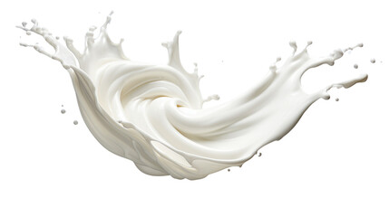 Abstract splash of milk captured in mid-air against a white background, representing freshness and fluidity in motion.