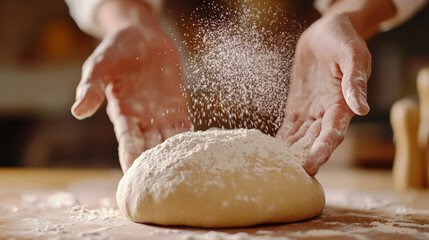Obraz premium baker kneading dough on table