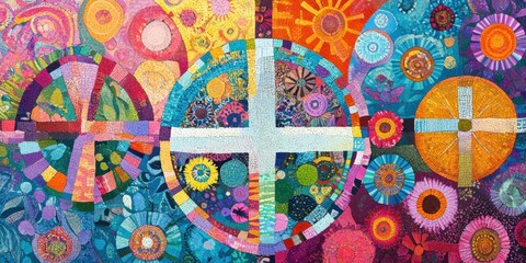 Abstract mosaic art with colorful circles.