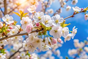 Fototapeta premium Scene featuring a blossoming tree and clear blue sky, symbolizing the arrival of spring