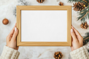 Close-up of hands holding a blank wooden picture frame, surrounded by Christmas-themed decorations like pinecones and ornaments, in a cozy setting