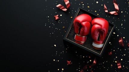 Boxing Day Banner With Boxing Gloves In Open Gift Box On Black Background, AI generated image