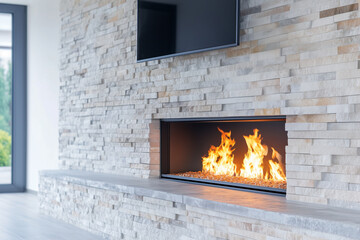 A contemporary fireplace built into a sleek stone accent wall