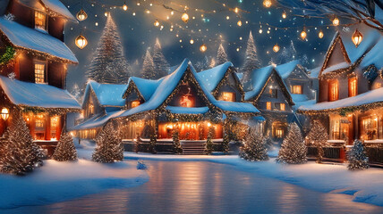 Fototapeta premium Christmas Harmony in a Magical Winter Village with Festive Wonder, Glittering Trees, and Cozy Lights, Where Unique Details Enhance the Holiday Landscape and Spark Imagination