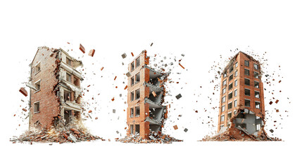 Three partially demolished buildings isolated on a white background, showcasing different stages of structural collapse and debris.