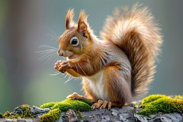 Obraz premium Squirrel eating on a mossy log in a forest setting during autumn