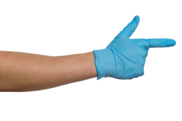 Men's hand wearing protective gloves with index finger pointing to something. PNG isolated on transparent background. Medicine or cleaning.