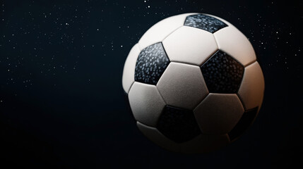 Naklejka premium Close-up of a classic soccer ball floating against a dark background with scattered light points resembling stars, evoking a sense of levitation and space.