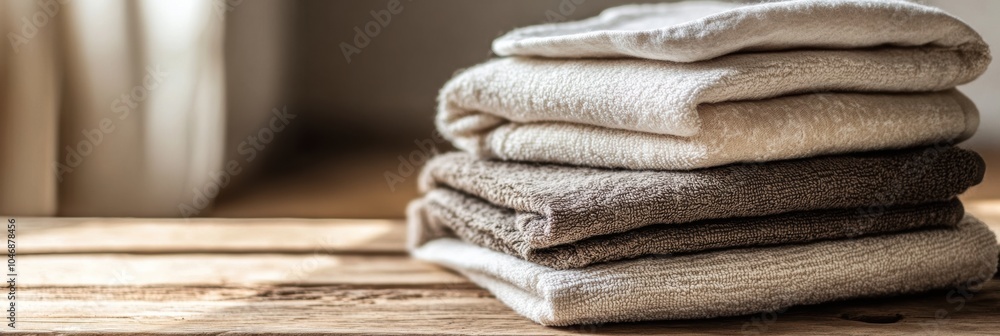 Aufkleber a stack of freshly folded towels in neutral colors rests on a warm wooden table in a comfortable and