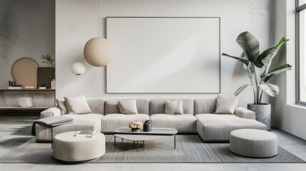 A contemporary and artistic living room design accentuated by a white canvas backdrop, Artfully arranged minimalist furniture, Artistic minimalist style