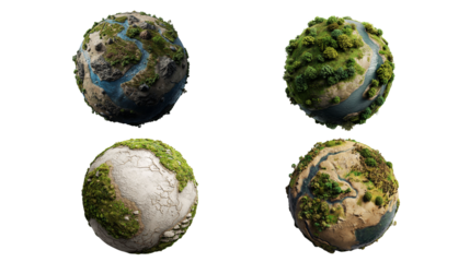 Set of four miniature Earth globes showcasing different biomes and landscapes. Ideal for environmental and geographical content.