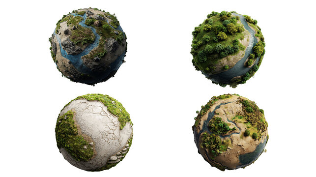 Set of four miniature Earth globes showcasing different biomes and landscapes. Ideal for environmental and geographical content.