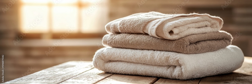 Poster soft, fluffy towels are arranged on a weathered wooden table with warm morning sunlight streaming th
