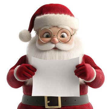 Santa Claus holding a blank paper, ready for your text or message, isolated on white background, festive Christmas theme.