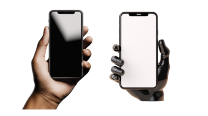 Human hand holding a smartphone with black screen next to a robotic hand holding a white screen smartphone, representing technology contrast.