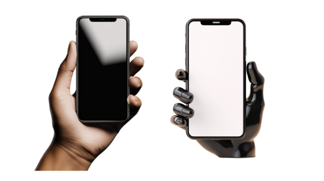 Human hand holding a smartphone with black screen next to a robotic hand holding a white screen smartphone, representing technology contrast.