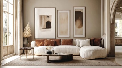 Fototapeta premium Minimalist living room with beige sofa, artwork, and round coffee table bathed in warm sunlight.