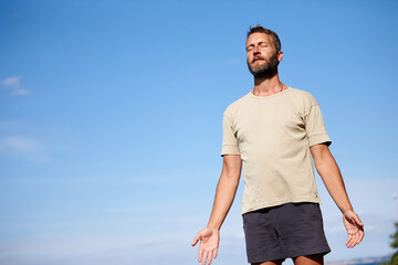 Yoga, meditation and mature man outdoor for breathing exercise, mindfulness and fitness on mockup...