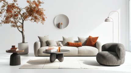 A contemporary and cozy lounge space with a white canvas backdrop, Highlighting carefully selected furnishings, Casual contemporary style