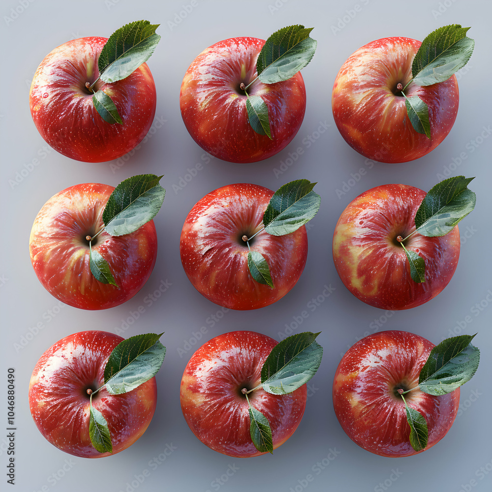 Poster nine red apples arranged in a grid pattern with leaves on a white background.
