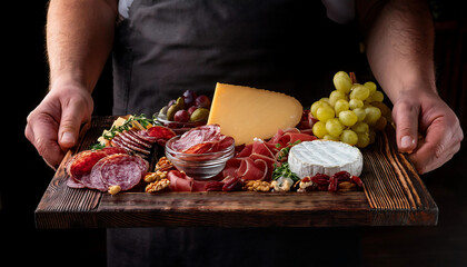 Dark wood holds a holiday charcuterie with assorted cheeses and cured meats._1(293)