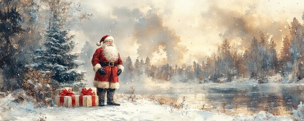 Santa Claus stands by a frozen lake amidst a serene winter landscape, surrounded by gifts. The tranquil scene captures the festive spirit of the holiday season.